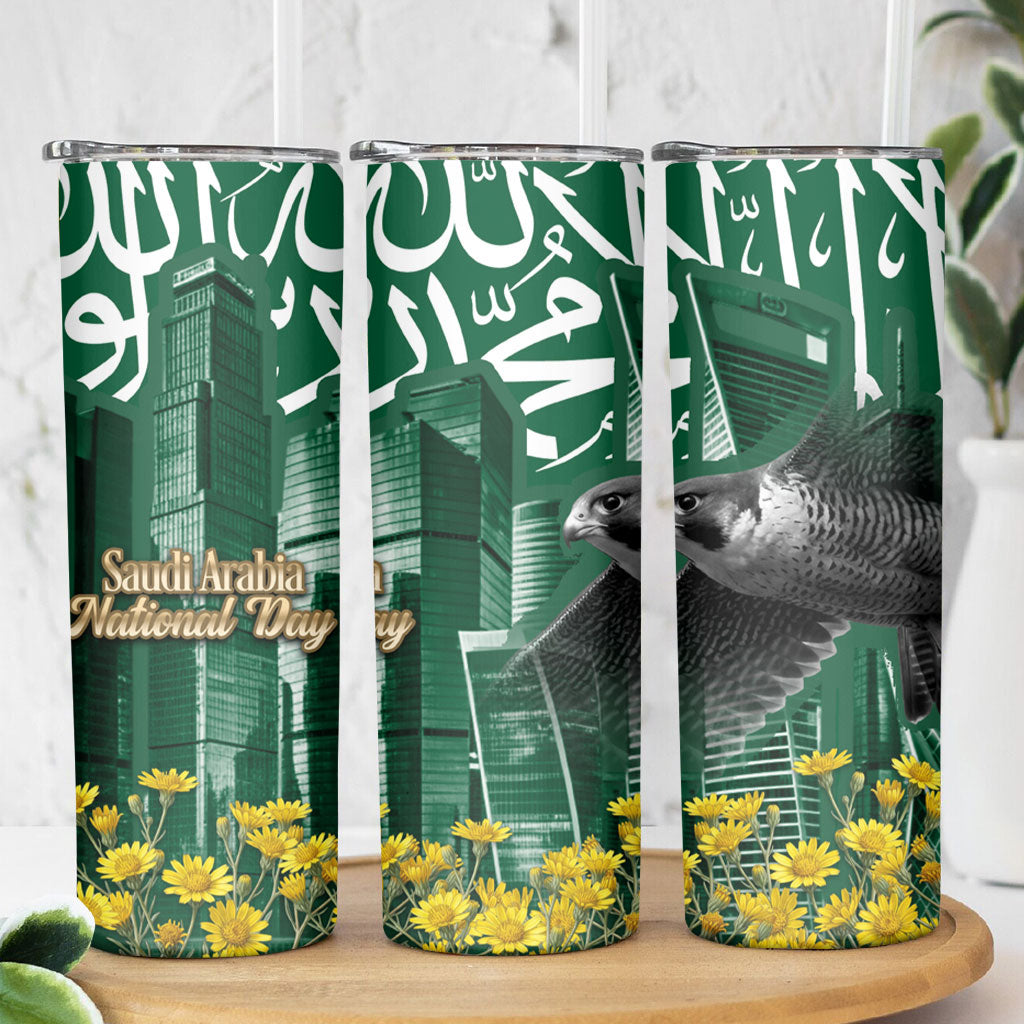 Saudi Arabia National Day Skinny Tumbler Falcon Skyline Arabic Calligraphy Cultural Pride
