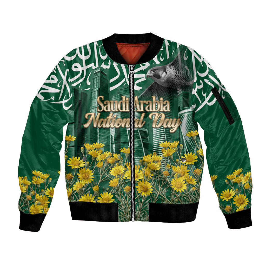 Saudi Arabia National Day Sleeve Zip Bomber Jacket Falcon Skyline Arabic Calligraphy Cultural Pride