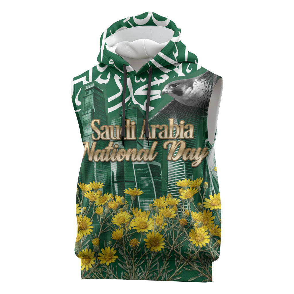 Saudi Arabia National Day Sleeveless Hoodie Falcon Skyline Arabic Calligraphy Cultural Pride