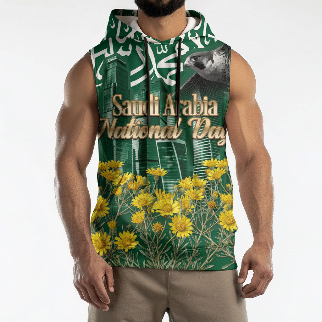 Saudi Arabia National Day Sleeveless Hoodie Falcon Skyline Arabic Calligraphy Cultural Pride