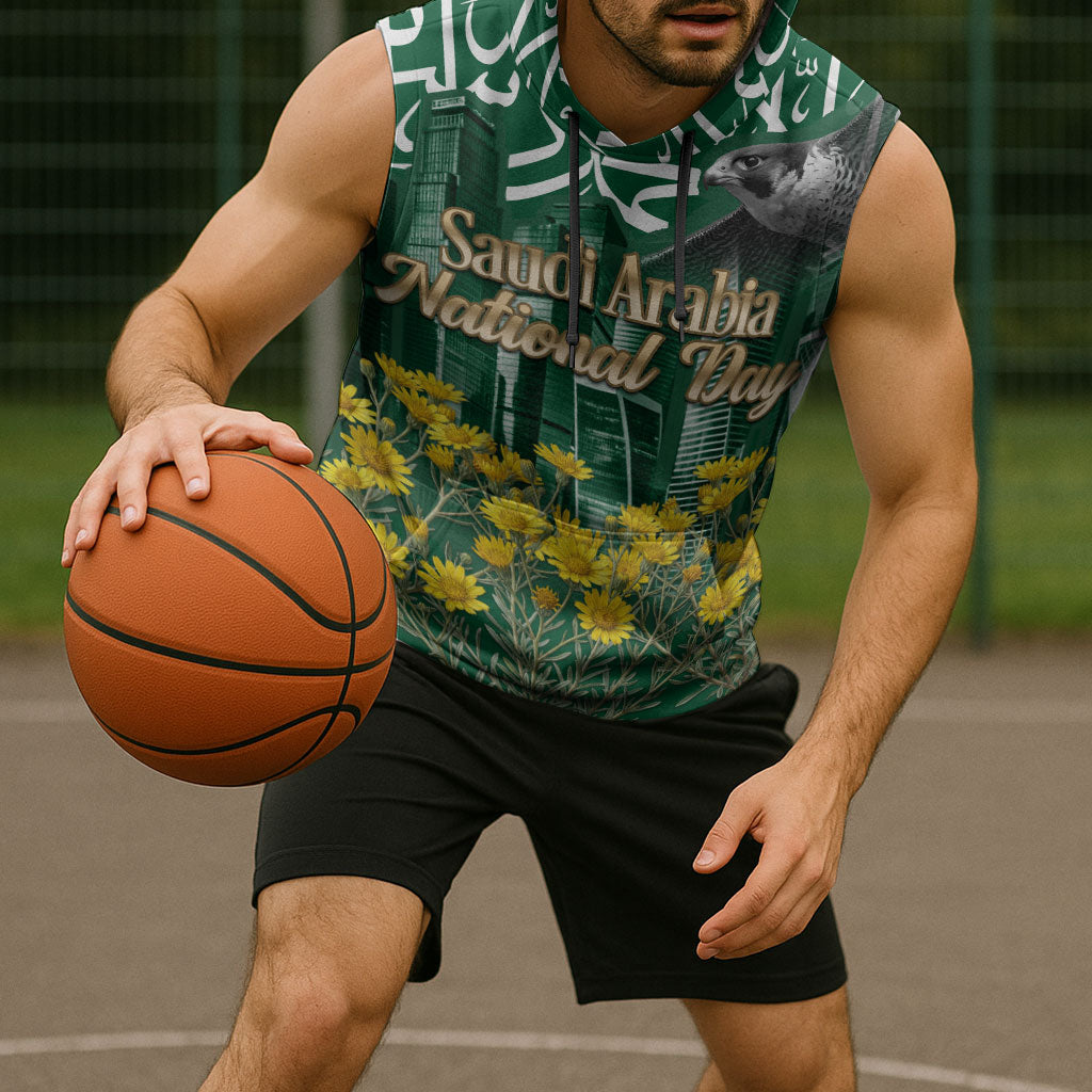 Saudi Arabia National Day Sleeveless Hoodie Falcon Skyline Arabic Calligraphy Cultural Pride