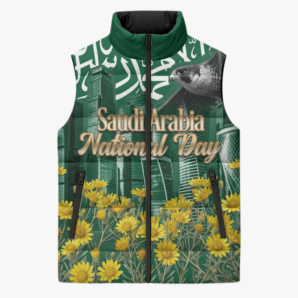 Saudi Arabia National Day Sleeveless Puffer Jacket Falcon Skyline Arabic Calligraphy Cultural Pride