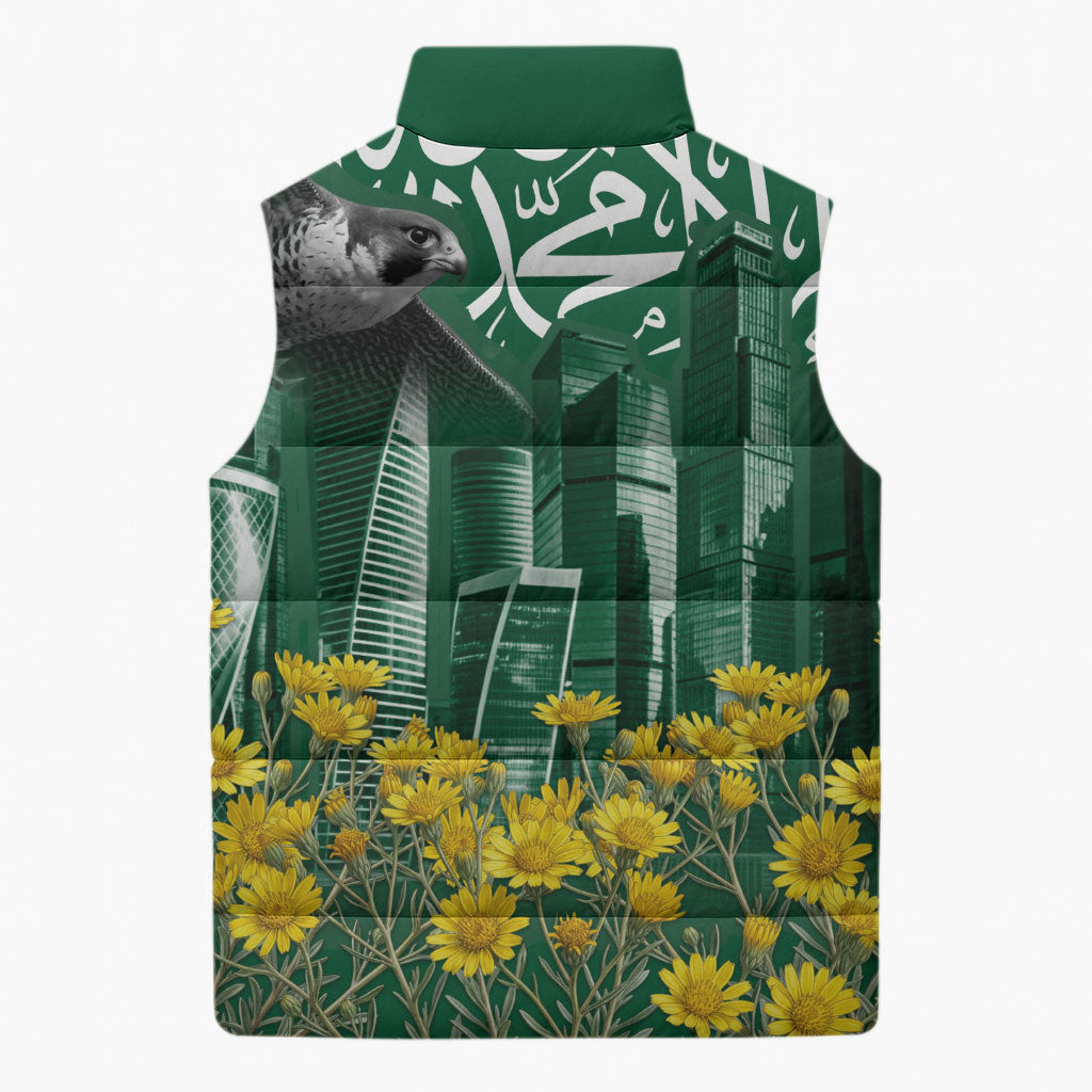 Saudi Arabia National Day Sleeveless Puffer Jacket Falcon Skyline Arabic Calligraphy Cultural Pride
