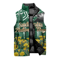 Saudi Arabia National Day Sleeveless Puffer Jacket Falcon Skyline Arabic Calligraphy Cultural Pride