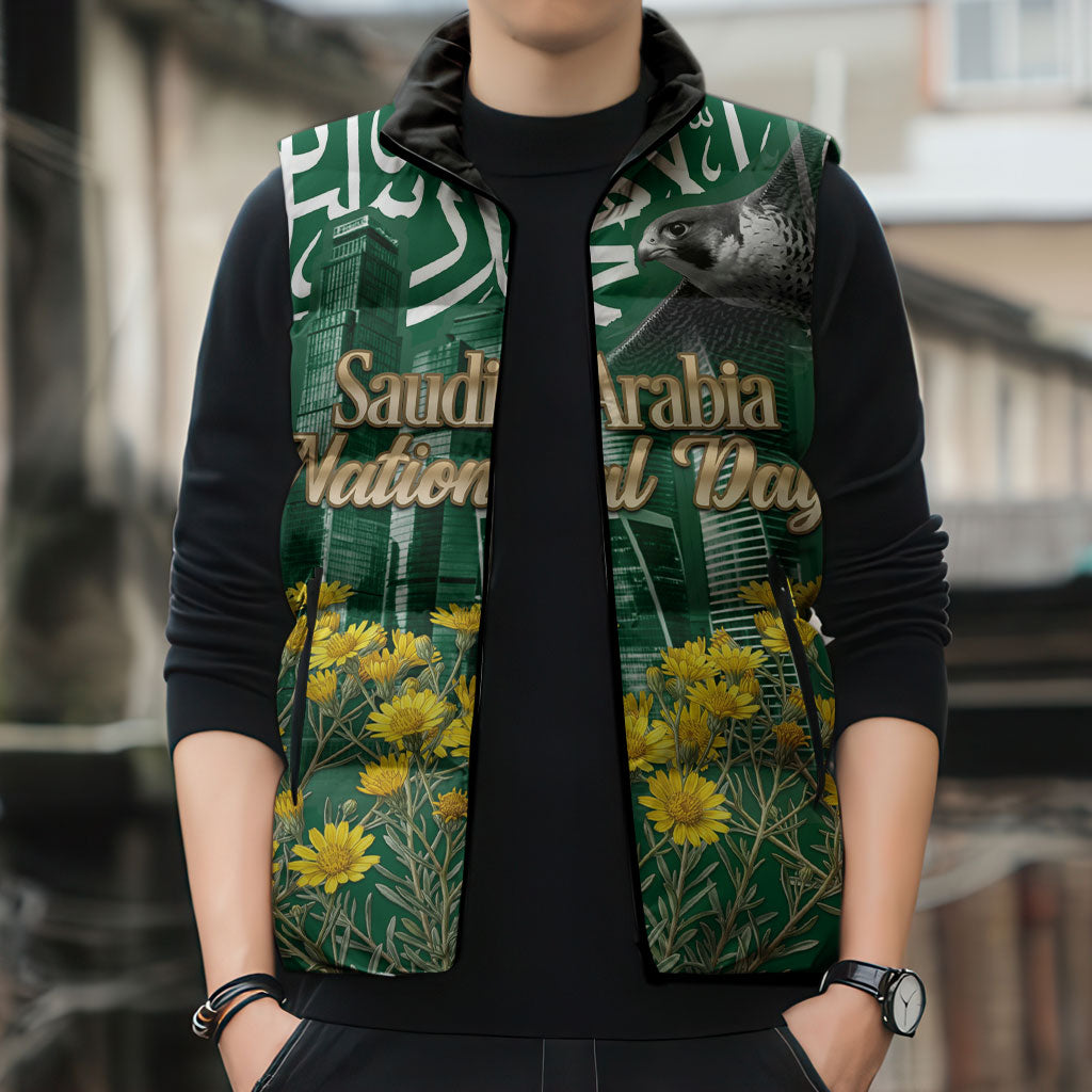 Saudi Arabia National Day Sleeveless Puffer Jacket Falcon Skyline Arabic Calligraphy Cultural Pride