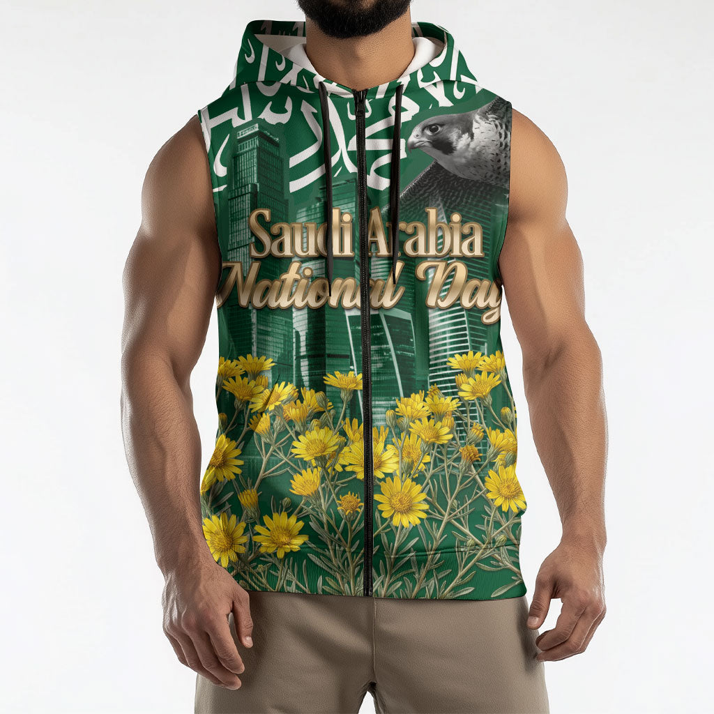 Saudi Arabia National Day Sleeveless Zip Hoodie Falcon Skyline Arabic Calligraphy Cultural Pride