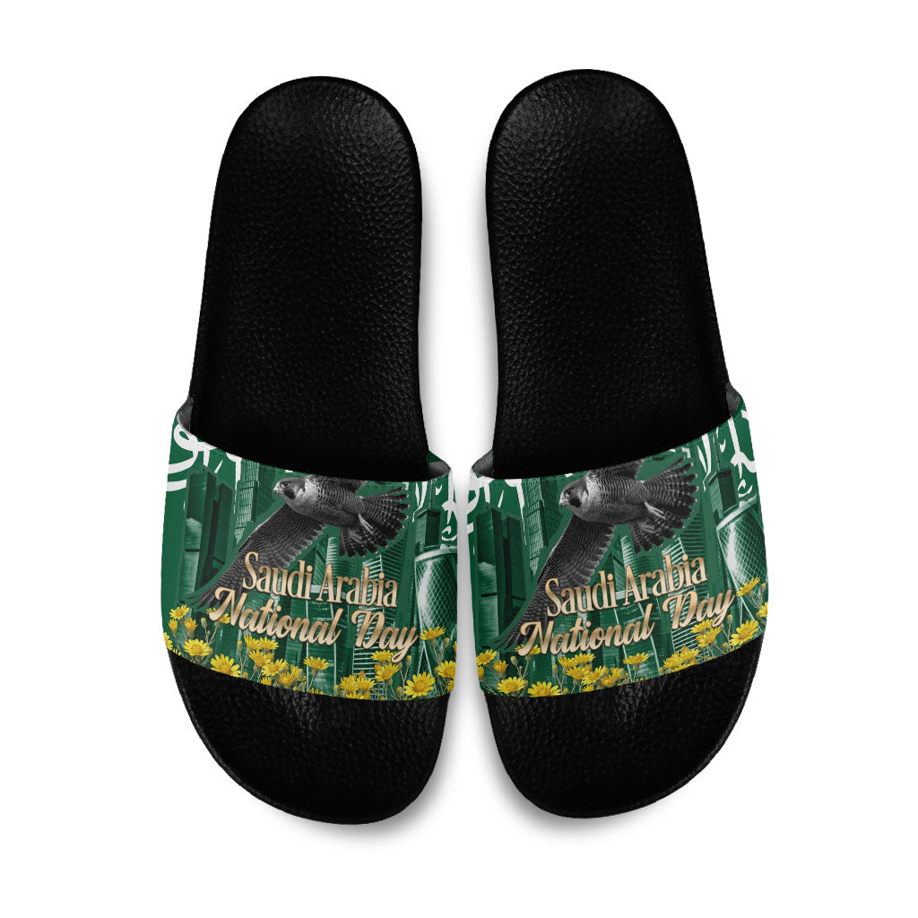 Saudi Arabia National Day Slide Sandals Falcon Skyline Arabic Calligraphy Cultural Pride