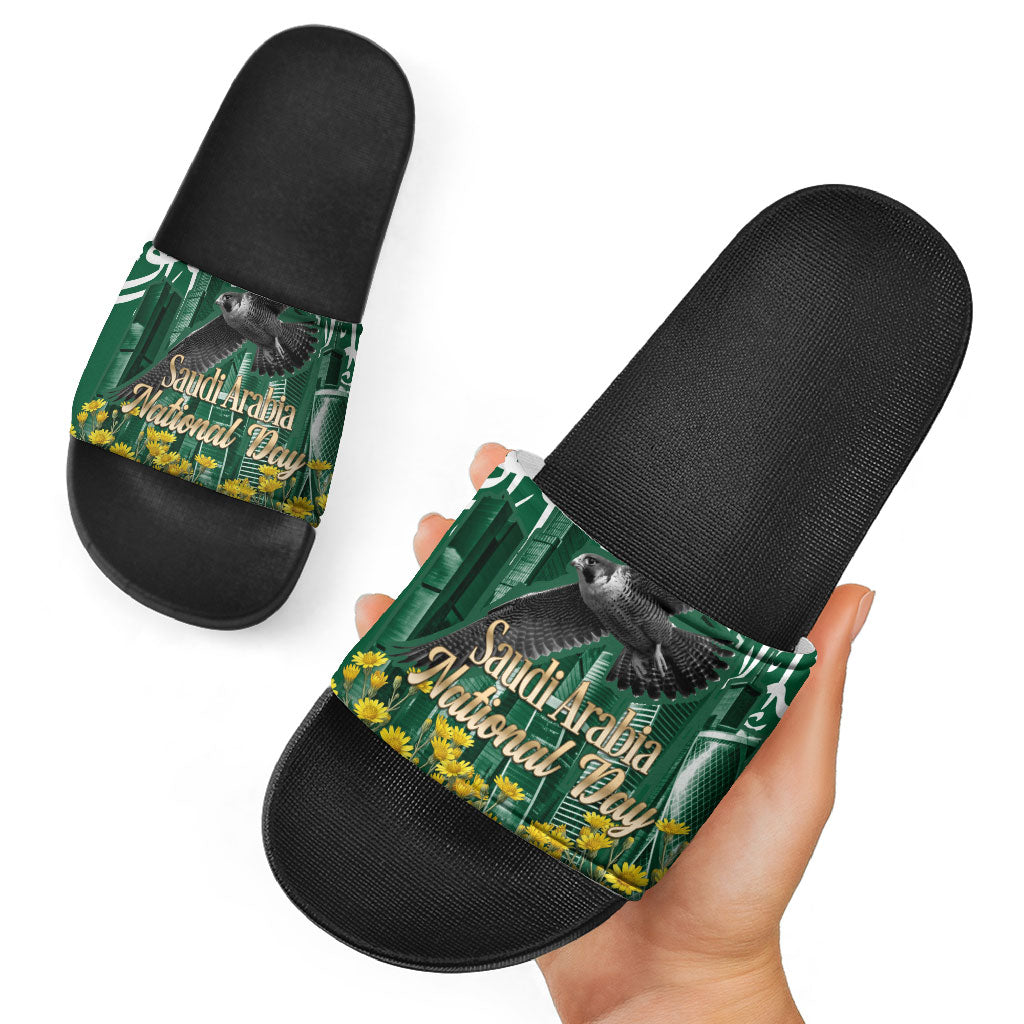 Saudi Arabia National Day Slide Sandals Falcon Skyline Arabic Calligraphy Cultural Pride