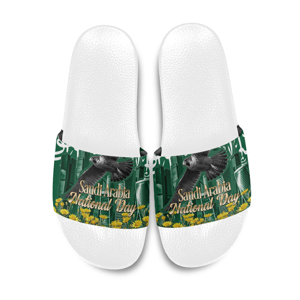 Saudi Arabia National Day Slide Sandals Falcon Skyline Arabic Calligraphy Cultural Pride