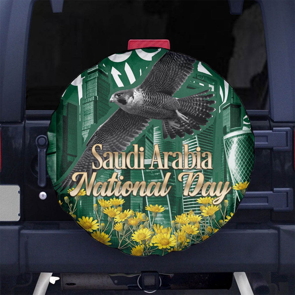 Saudi Arabia National Day Spare Tire Cover Falcon Skyline Arabic Calligraphy Cultural Pride