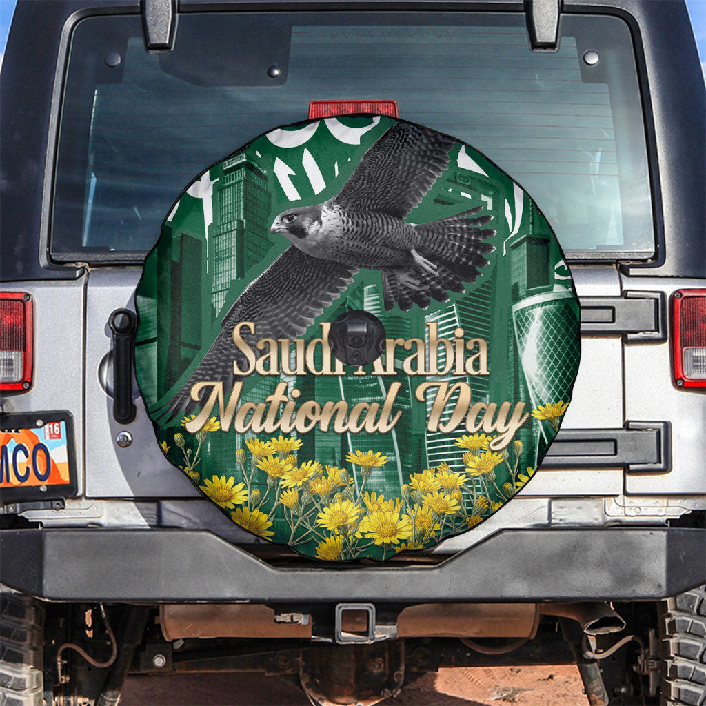 Saudi Arabia National Day Spare Tire Cover Falcon Skyline Arabic Calligraphy Cultural Pride