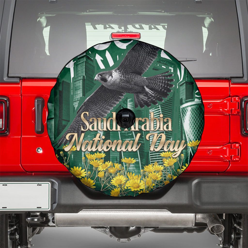 Saudi Arabia National Day Spare Tire Cover Falcon Skyline Arabic Calligraphy Cultural Pride