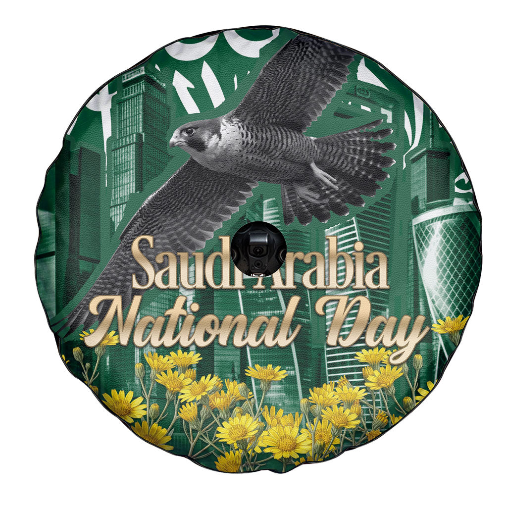 Saudi Arabia National Day Spare Tire Cover Falcon Skyline Arabic Calligraphy Cultural Pride