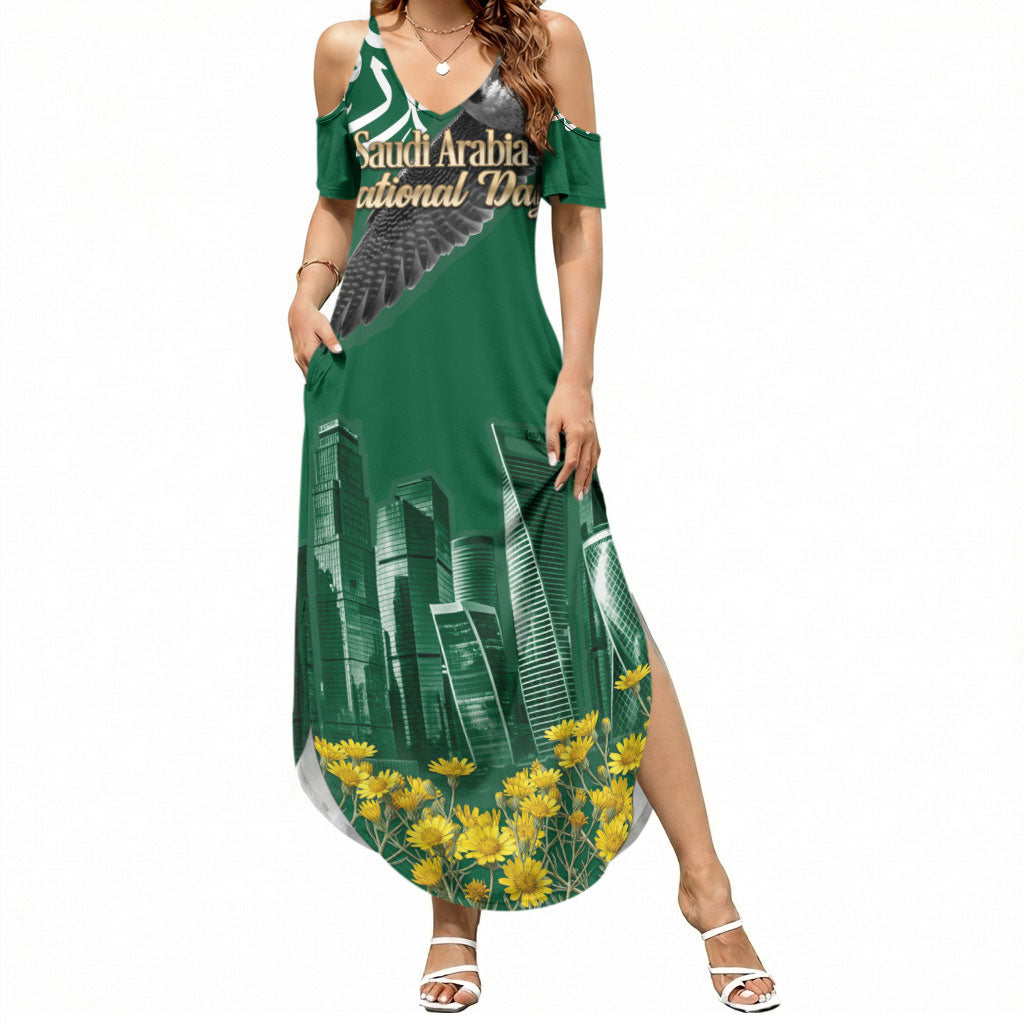 Saudi Arabia National Day Summer Maxi Dress Falcon Skyline Arabic Calligraphy Cultural Pride