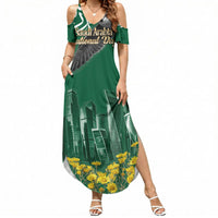 Saudi Arabia National Day Summer Maxi Dress Falcon Skyline Arabic Calligraphy Cultural Pride