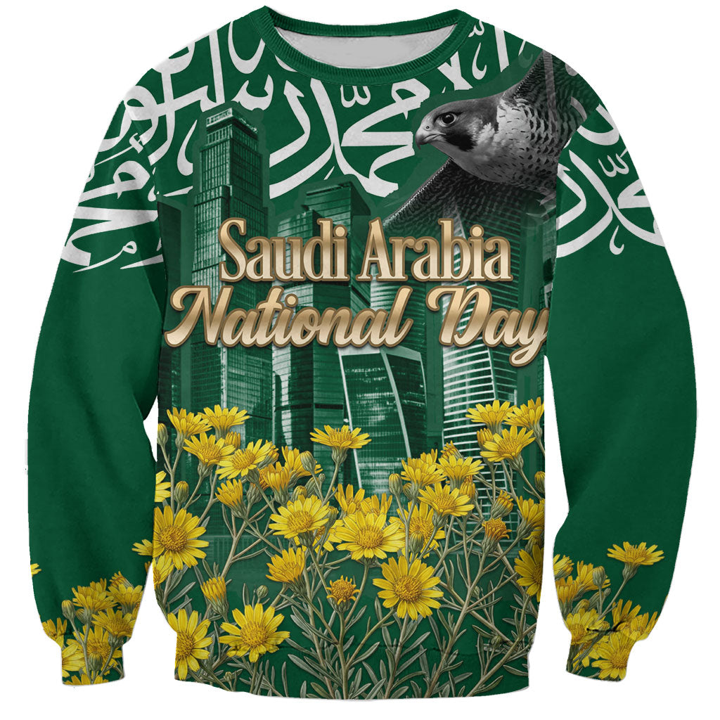 Saudi Arabia National Day Sweatshirt Falcon Skyline Arabic Calligraphy Cultural Pride