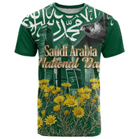 Saudi Arabia National Day T Shirt Falcon Skyline Arabic Calligraphy Cultural Pride