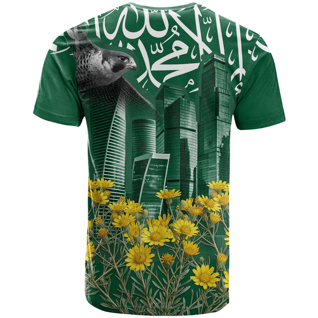 Saudi Arabia National Day T Shirt Falcon Skyline Arabic Calligraphy Cultural Pride