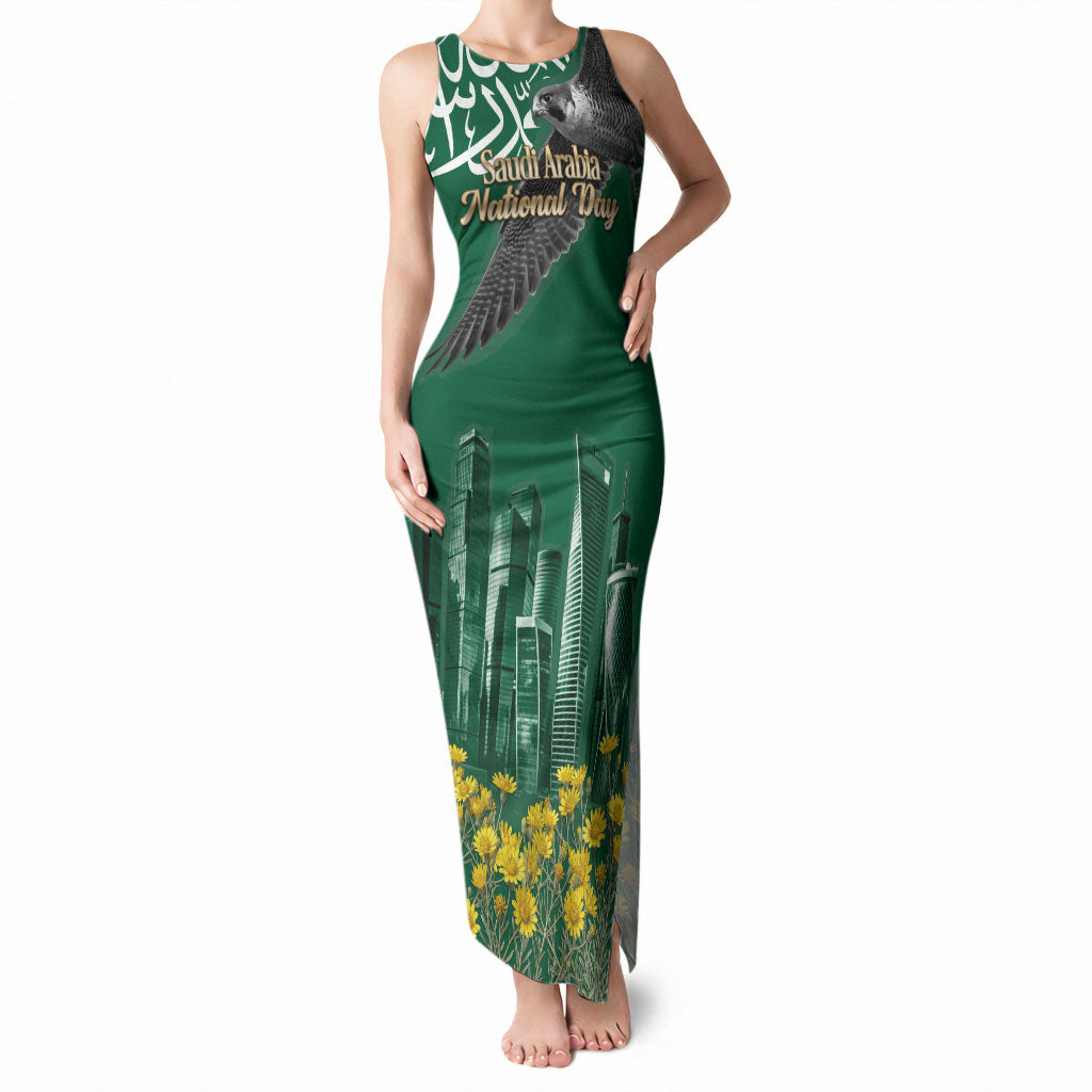 Saudi Arabia National Day Tank Maxi Dress Falcon Skyline Arabic Calligraphy Cultural Pride