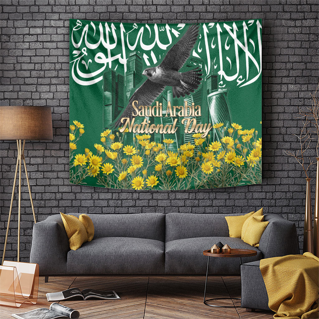 Saudi Arabia National Day Tapestry Falcon Skyline Arabic Calligraphy Cultural Pride