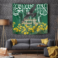 Saudi Arabia National Day Tapestry Falcon Skyline Arabic Calligraphy Cultural Pride
