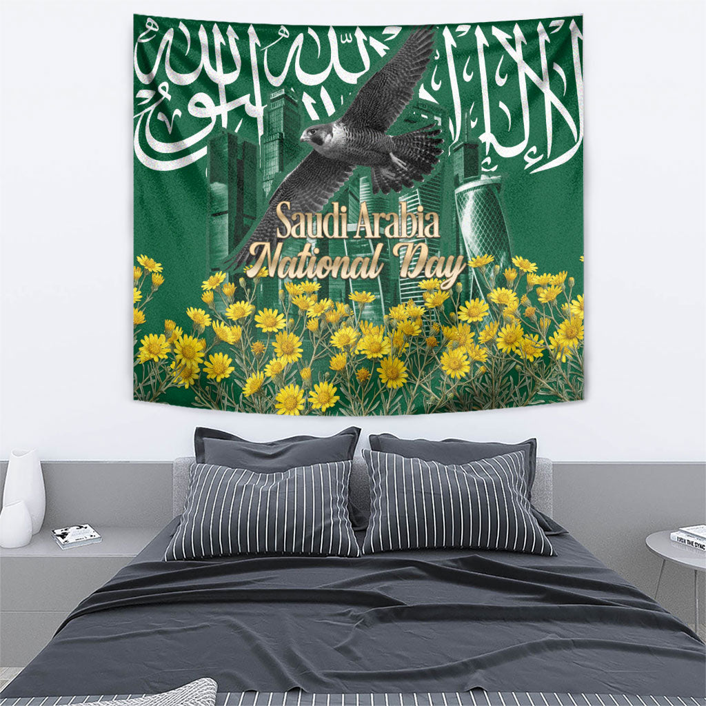 Saudi Arabia National Day Tapestry Falcon Skyline Arabic Calligraphy Cultural Pride