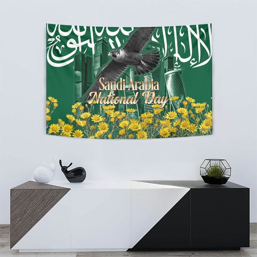 Saudi Arabia National Day Tapestry Falcon Skyline Arabic Calligraphy Cultural Pride