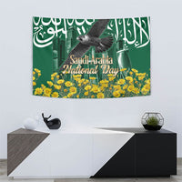 Saudi Arabia National Day Tapestry Falcon Skyline Arabic Calligraphy Cultural Pride