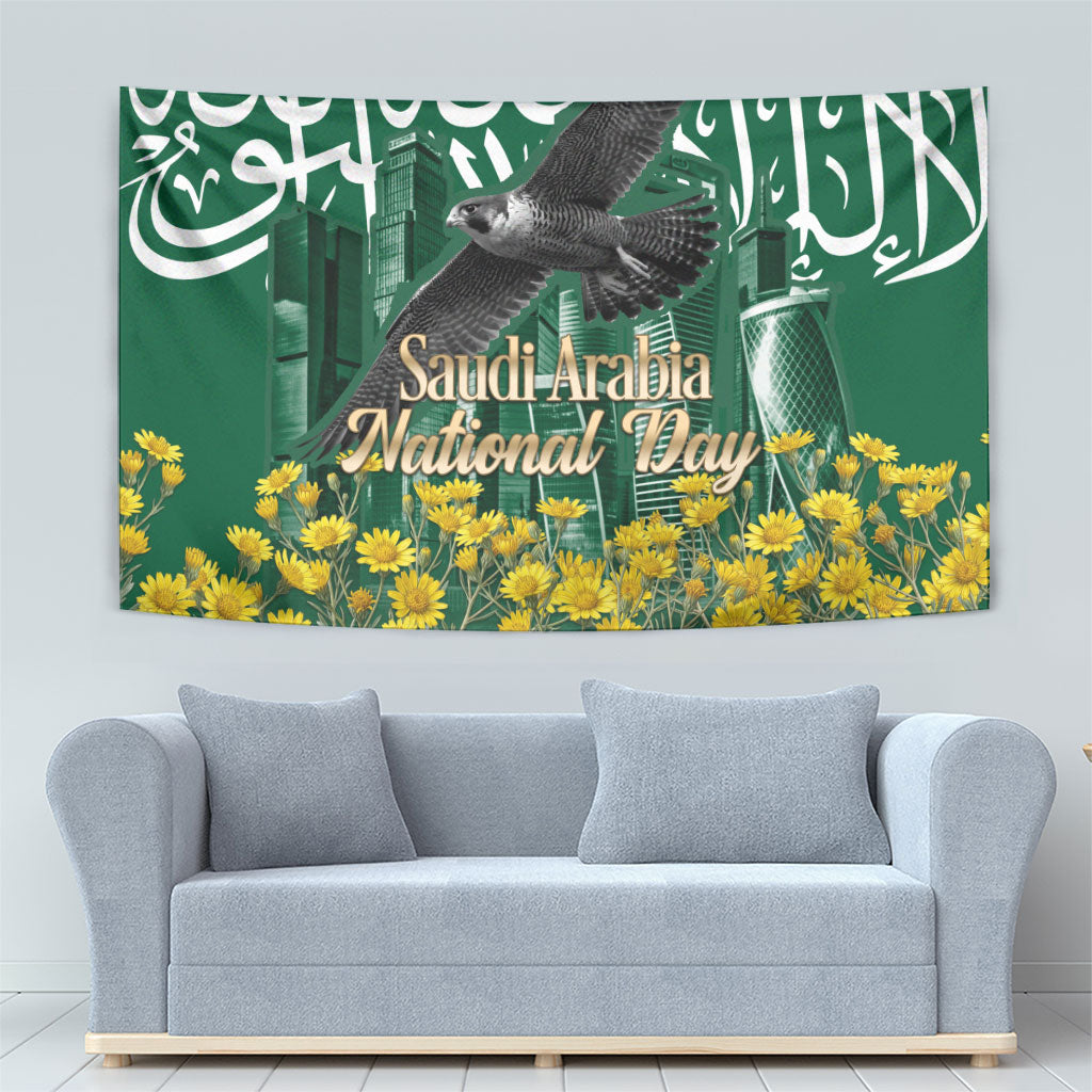 Saudi Arabia National Day Tapestry Falcon Skyline Arabic Calligraphy Cultural Pride