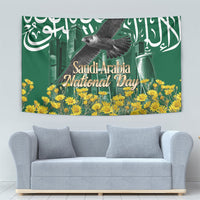 Saudi Arabia National Day Tapestry Falcon Skyline Arabic Calligraphy Cultural Pride