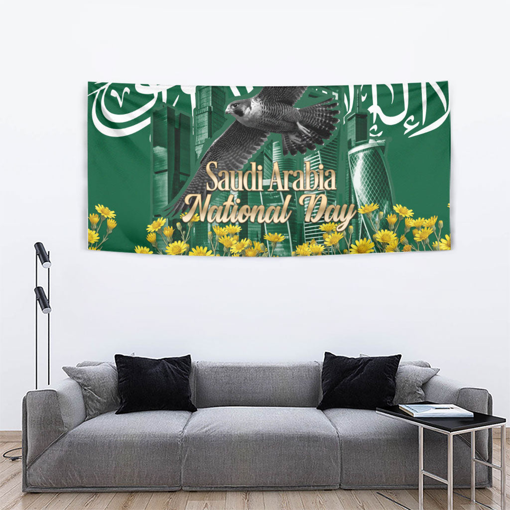 Saudi Arabia National Day Tapestry Falcon Skyline Arabic Calligraphy Cultural Pride