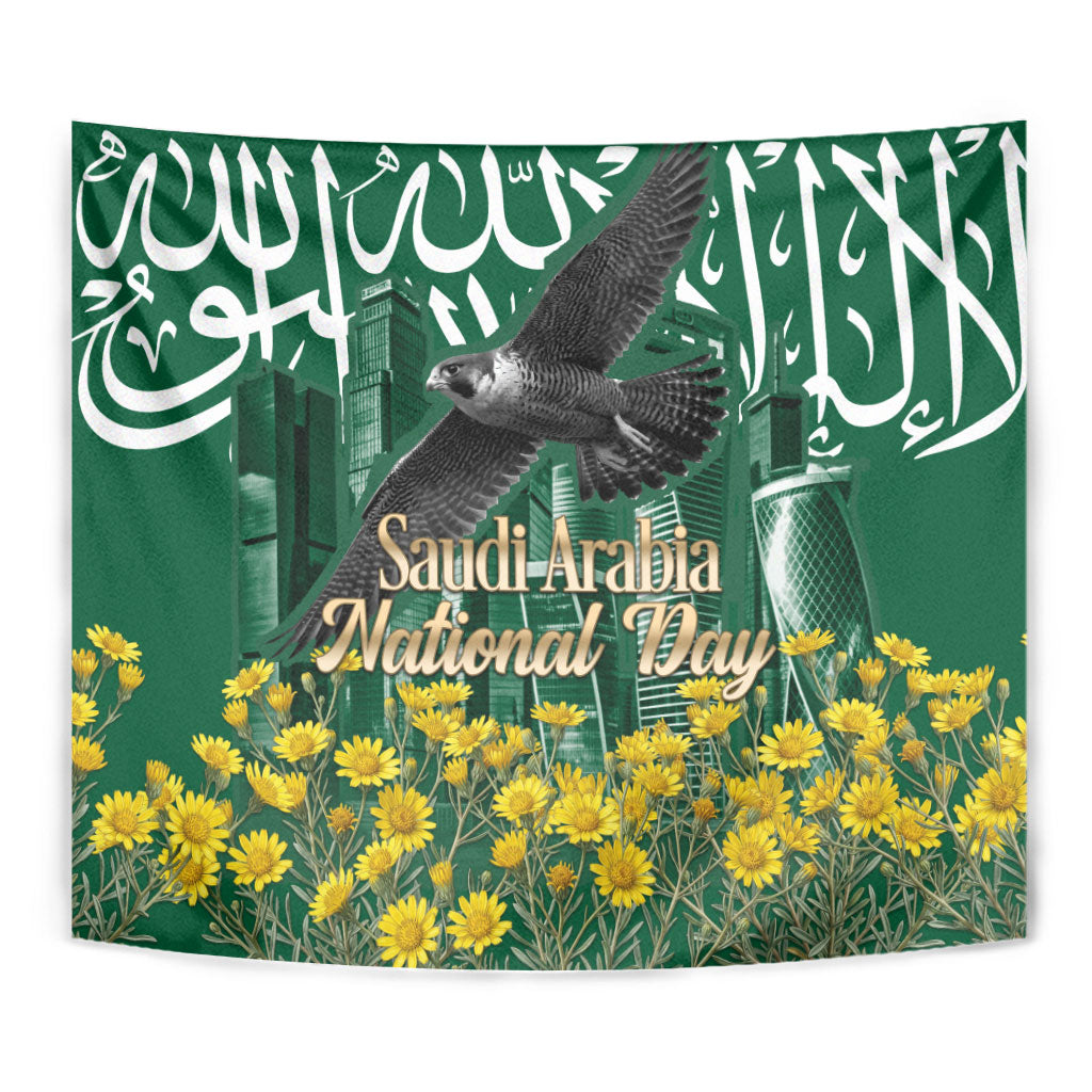 Saudi Arabia National Day Tapestry Falcon Skyline Arabic Calligraphy Cultural Pride
