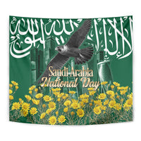 Saudi Arabia National Day Tapestry Falcon Skyline Arabic Calligraphy Cultural Pride