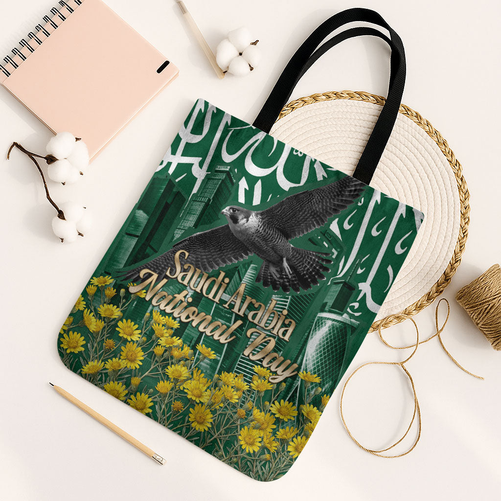 Saudi Arabia National Day Tote Bag Falcon Skyline Arabic Calligraphy Cultural Pride