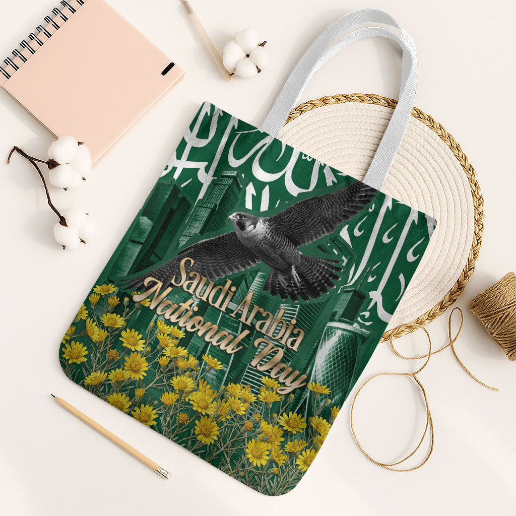 Saudi Arabia National Day Tote Bag Falcon Skyline Arabic Calligraphy Cultural Pride