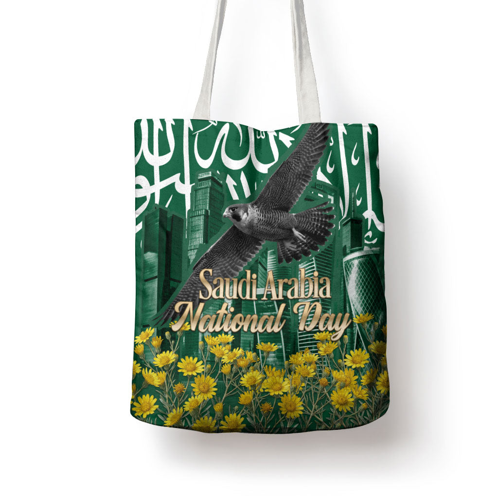 Saudi Arabia National Day Tote Bag Falcon Skyline Arabic Calligraphy Cultural Pride