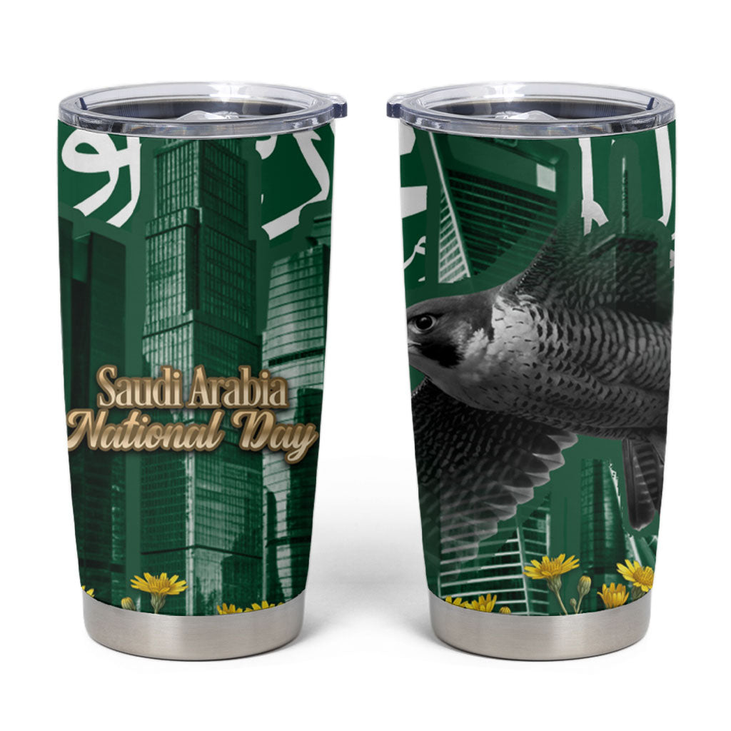 Saudi Arabia National Day Tumbler Cup Falcon Skyline Arabic Calligraphy Cultural Pride