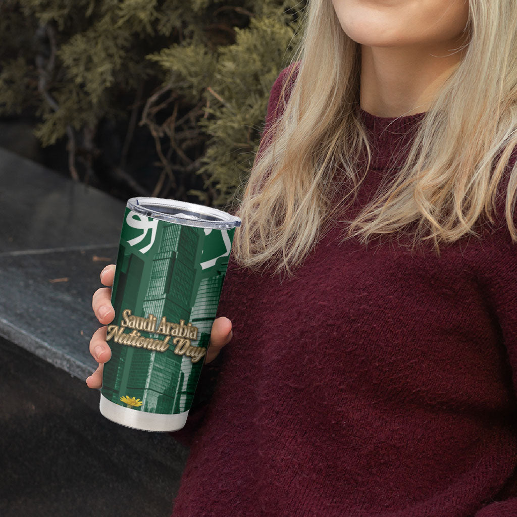 Saudi Arabia National Day Tumbler Cup Falcon Skyline Arabic Calligraphy Cultural Pride
