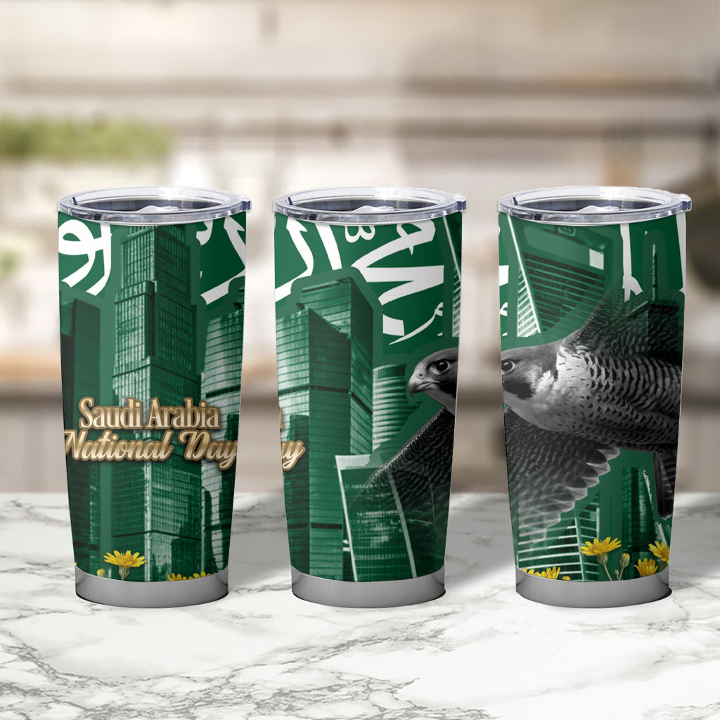 Saudi Arabia National Day Tumbler Cup Falcon Skyline Arabic Calligraphy Cultural Pride