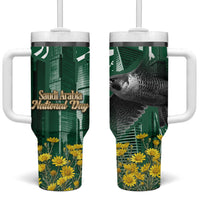 Saudi Arabia National Day Tumbler With Handle Falcon Skyline Arabic Calligraphy Cultural Pride