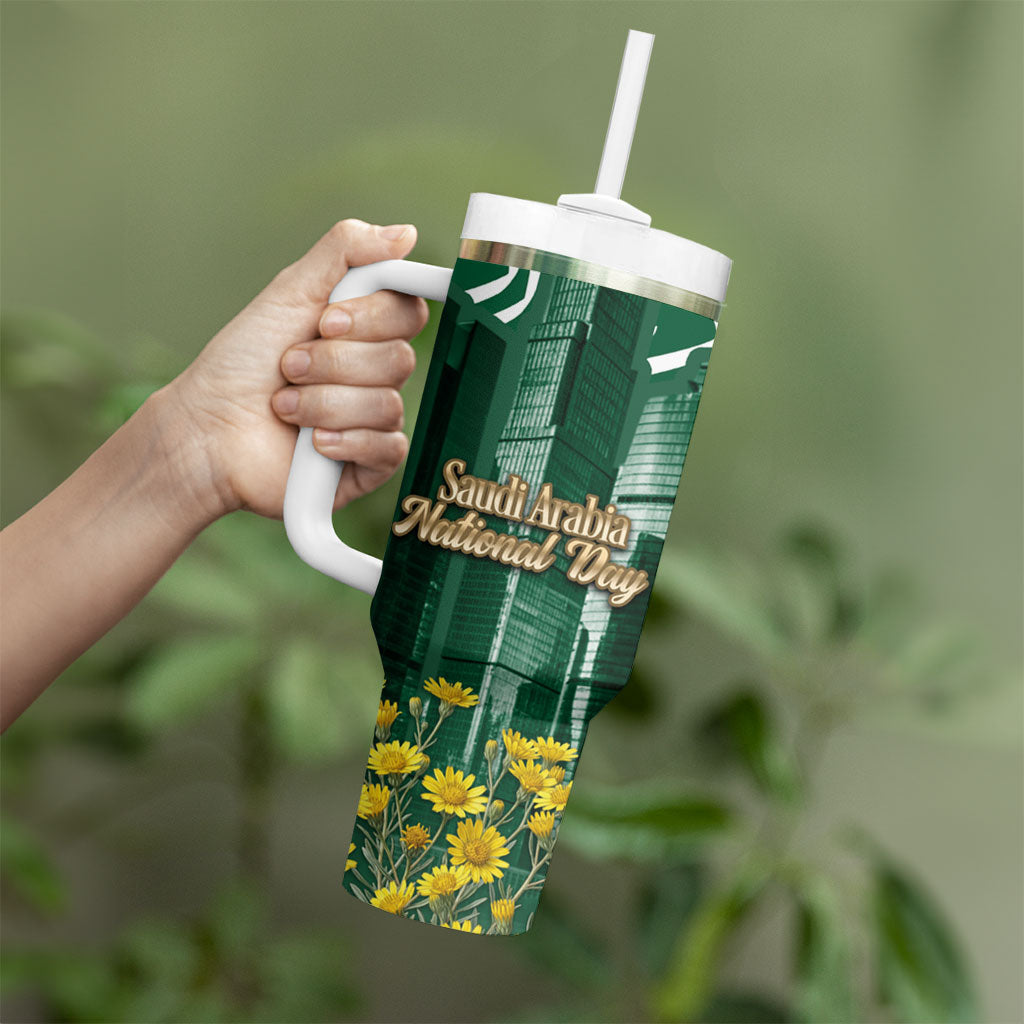 Saudi Arabia National Day Tumbler With Handle Falcon Skyline Arabic Calligraphy Cultural Pride