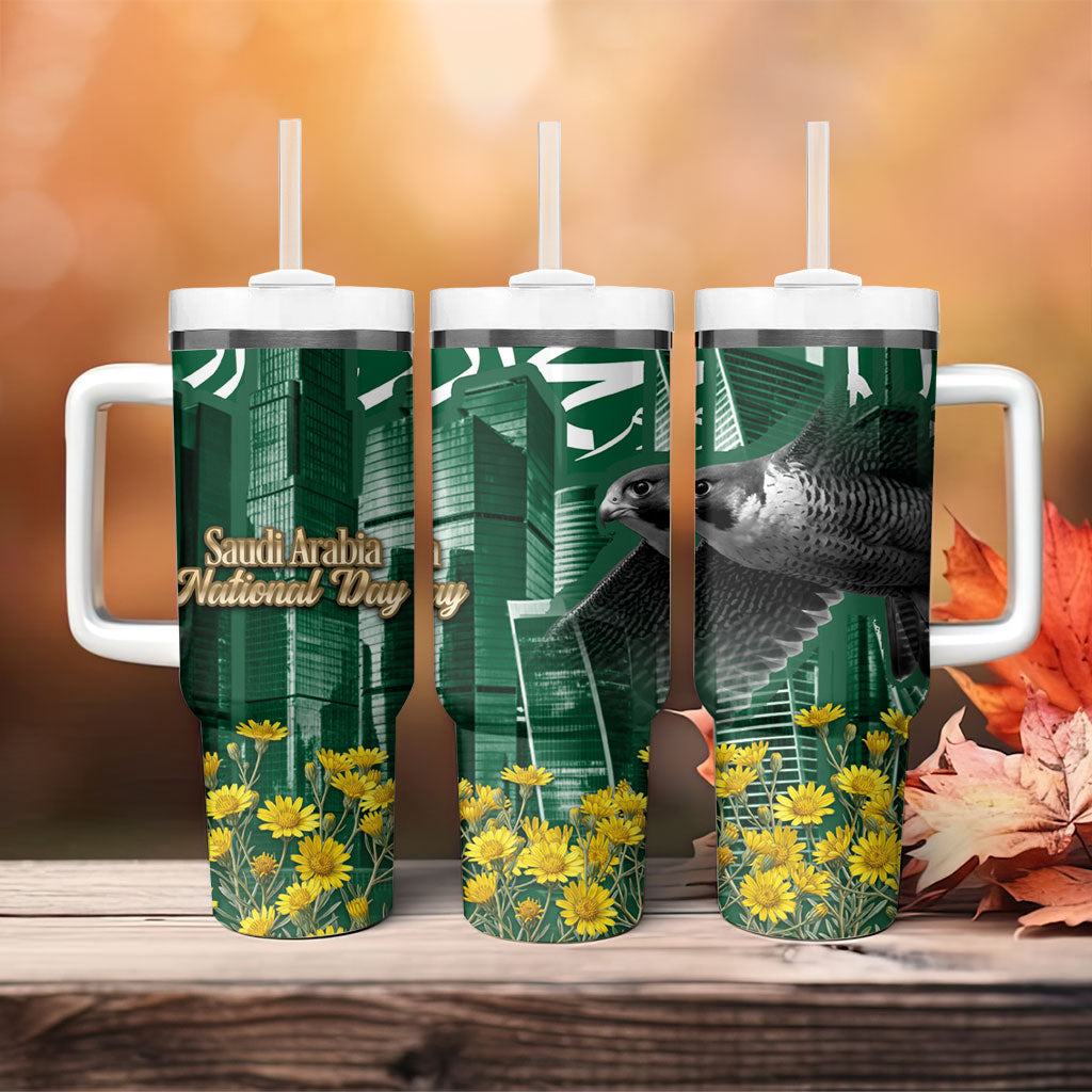 Saudi Arabia National Day Tumbler With Handle Falcon Skyline Arabic Calligraphy Cultural Pride
