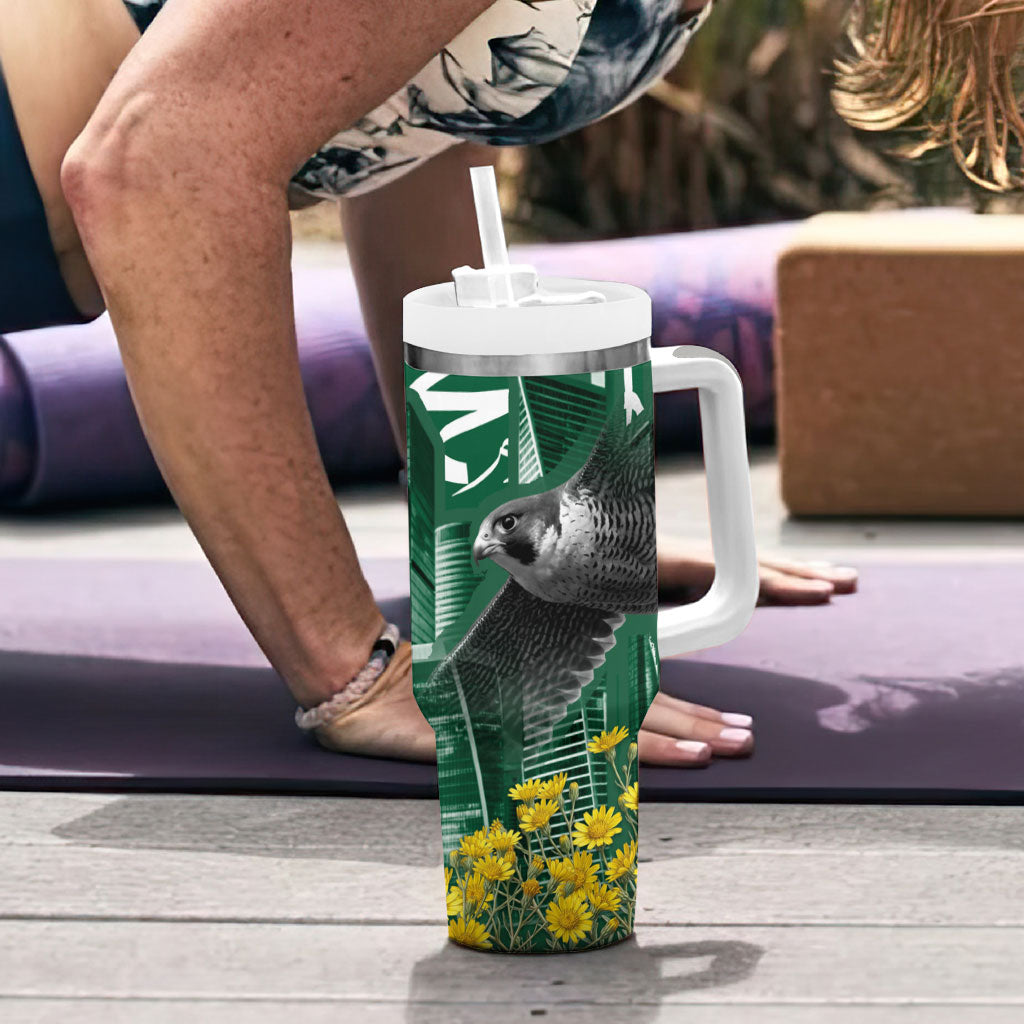 Saudi Arabia National Day Tumbler With Handle Falcon Skyline Arabic Calligraphy Cultural Pride