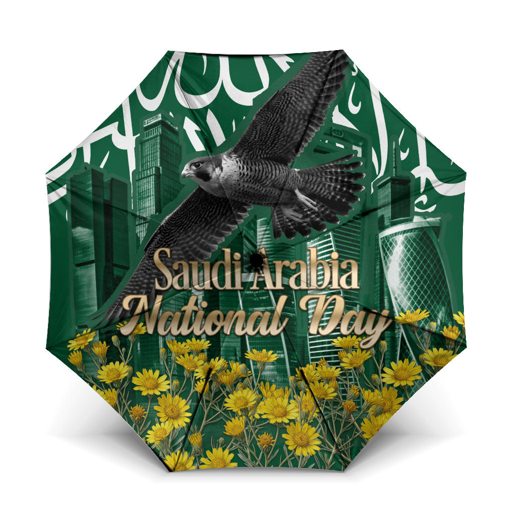 Saudi Arabia National Day Umbrella Falcon Skyline Arabic Calligraphy Cultural Pride