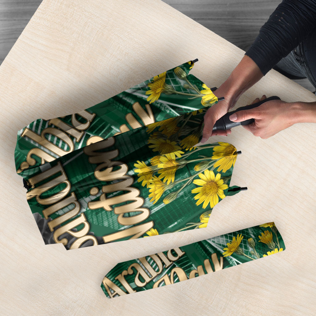 Saudi Arabia National Day Umbrella Falcon Skyline Arabic Calligraphy Cultural Pride
