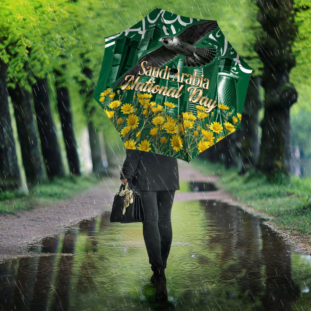 Saudi Arabia National Day Umbrella Falcon Skyline Arabic Calligraphy Cultural Pride