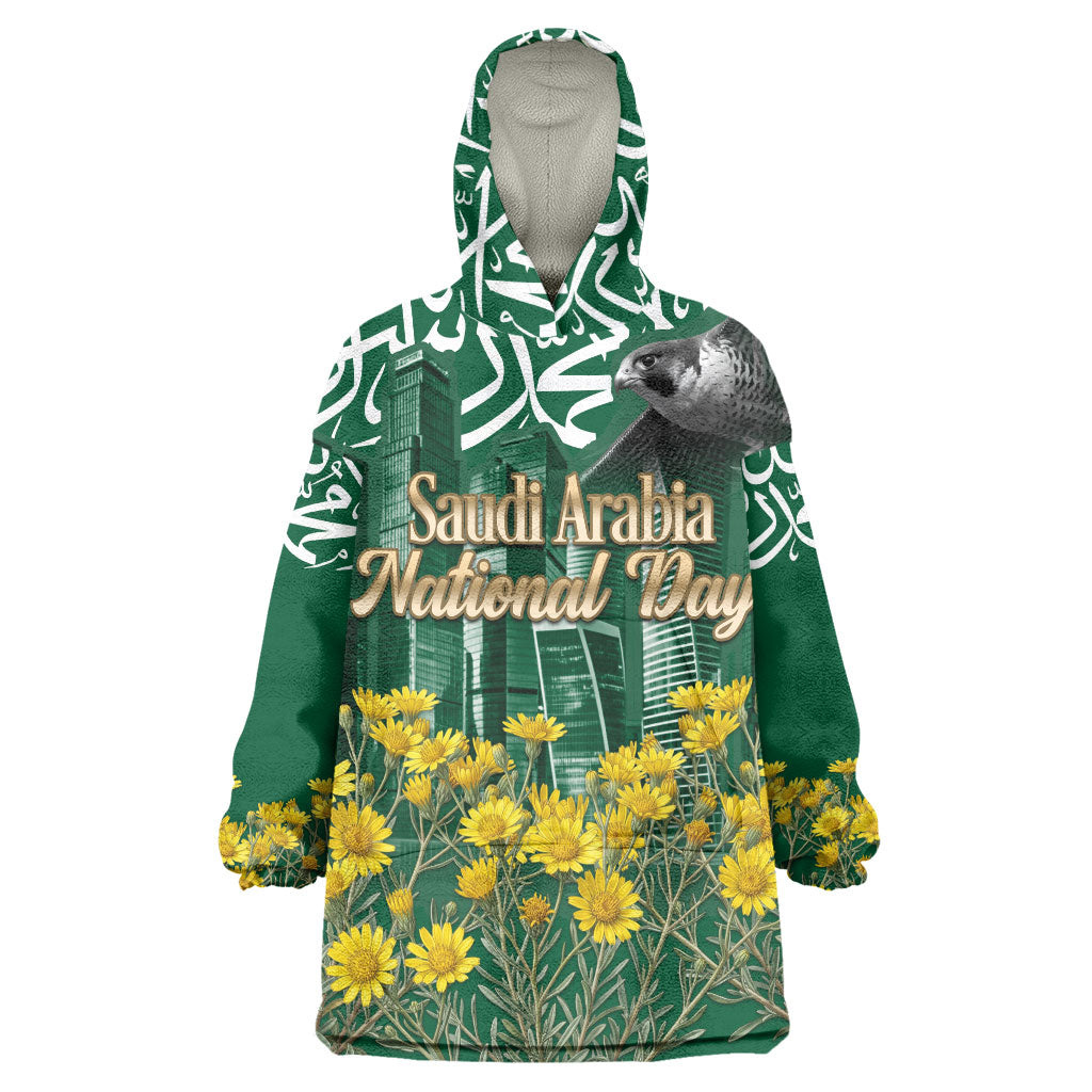 Saudi Arabia National Day Wearable Blanket Hoodie Falcon Skyline Arabic Calligraphy Cultural Pride
