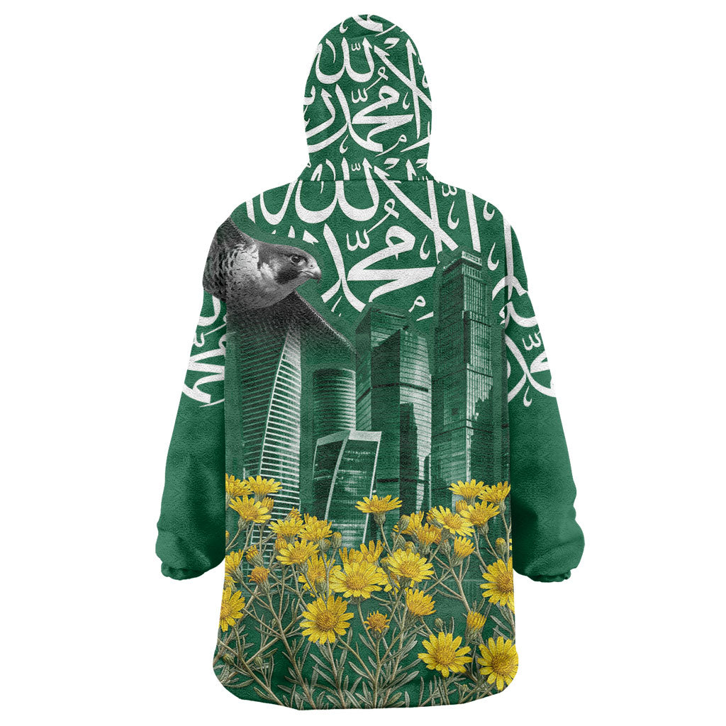 Saudi Arabia National Day Wearable Blanket Hoodie Falcon Skyline Arabic Calligraphy Cultural Pride