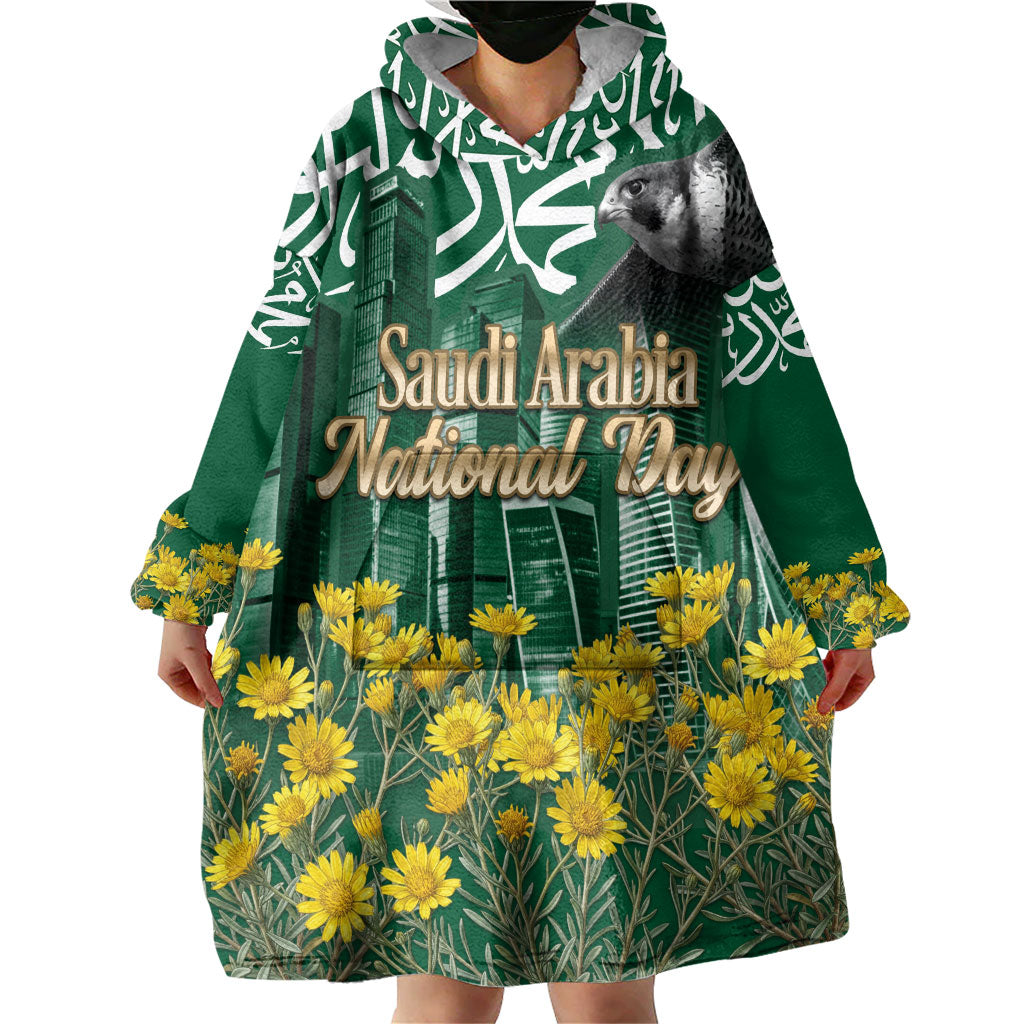 Saudi Arabia National Day Wearable Blanket Hoodie Falcon Skyline Arabic Calligraphy Cultural Pride
