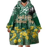 Saudi Arabia National Day Wearable Blanket Hoodie Falcon Skyline Arabic Calligraphy Cultural Pride